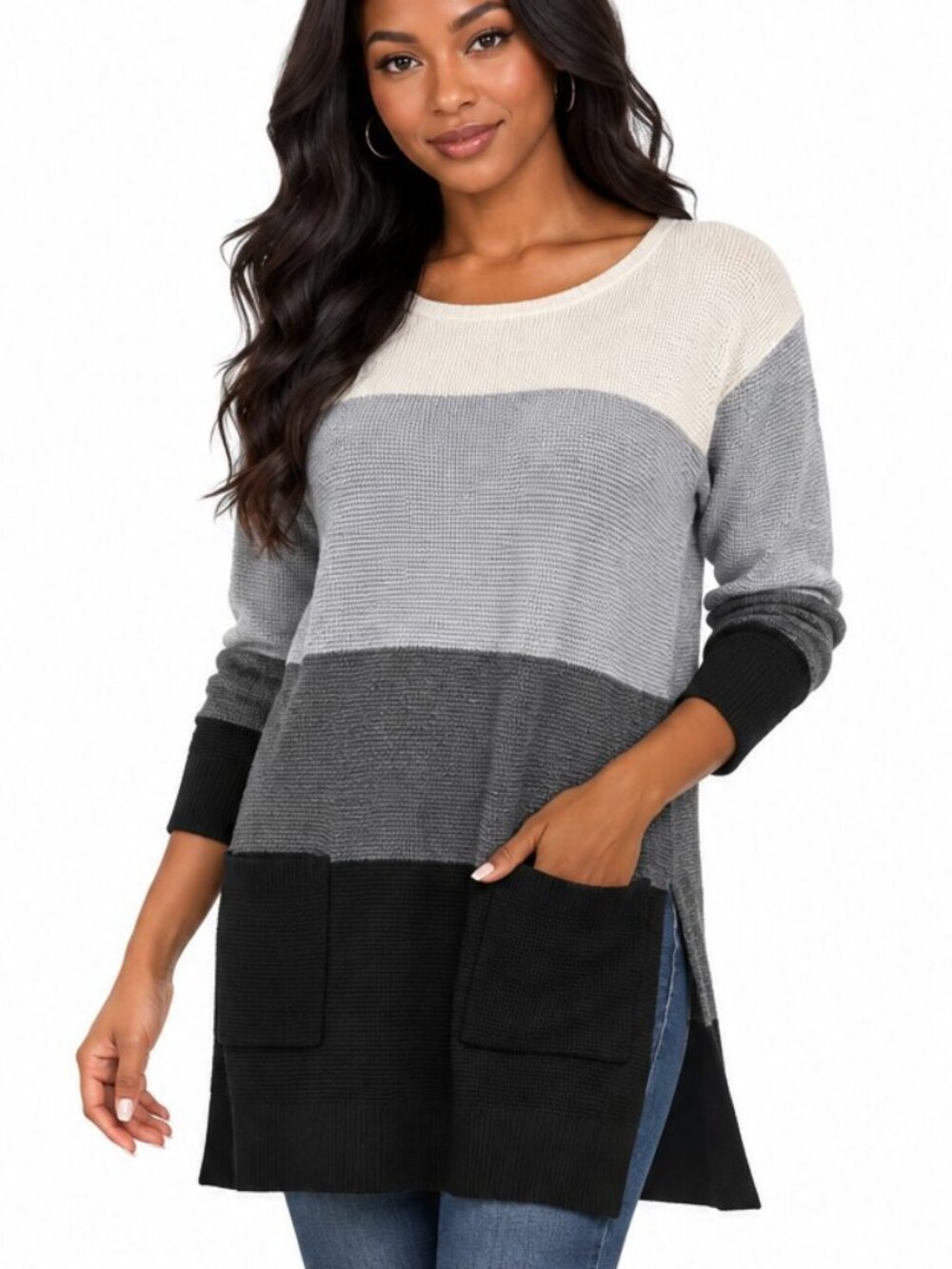Vince Camuto Colorblock Tunic Sweater Women S Gray Black White Pockets Oversized